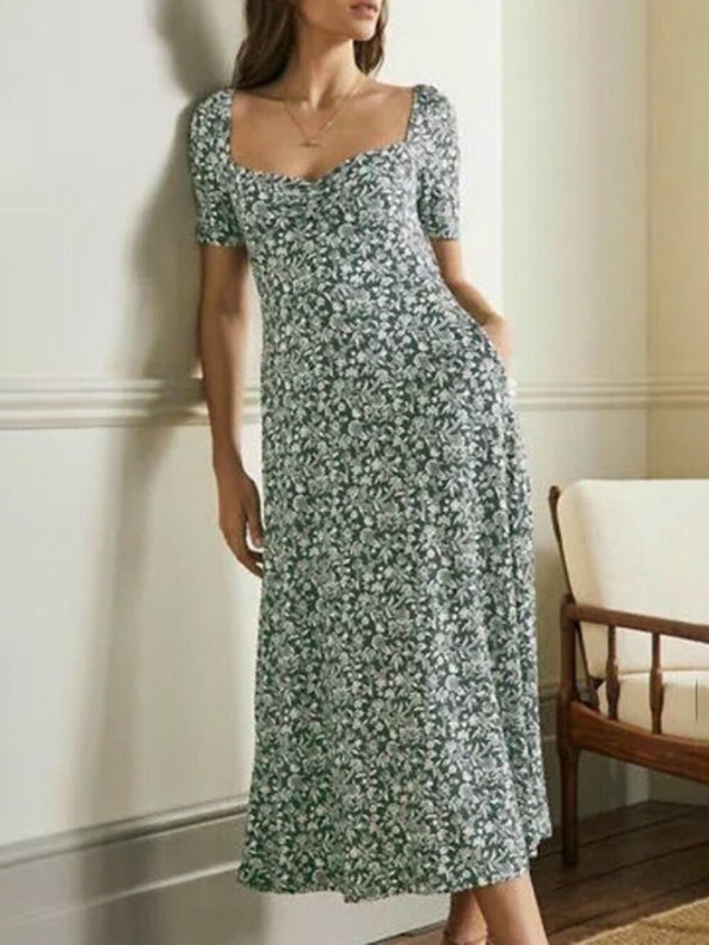 New Boden Floral Jersey Sweetheart Midi Dress Green White 4R
